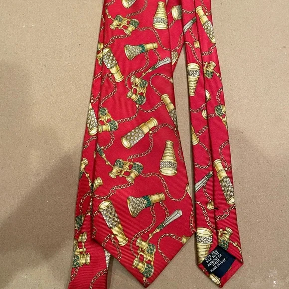 Chanel Red fabric w/gold tone binoculars/monocle/chains Chanel Silk Tie Italy - Picture 1 of 5